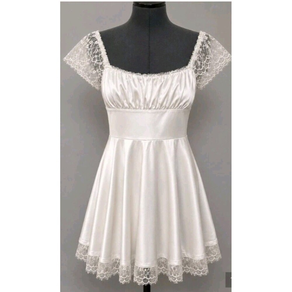 White Satin Lace Trim Mini Babydoll Dress Coquette Fairy Angel Corset Back Med